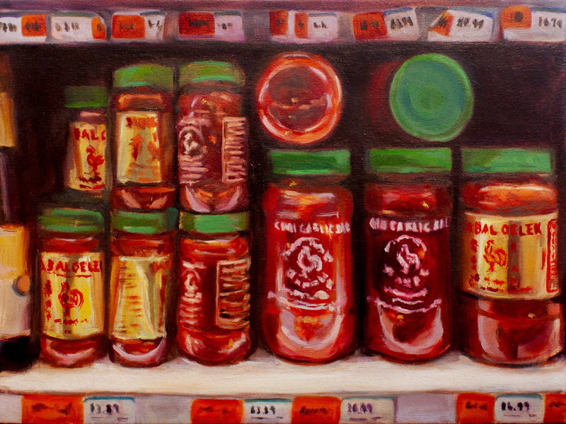 Chili Bottles on a Shelf