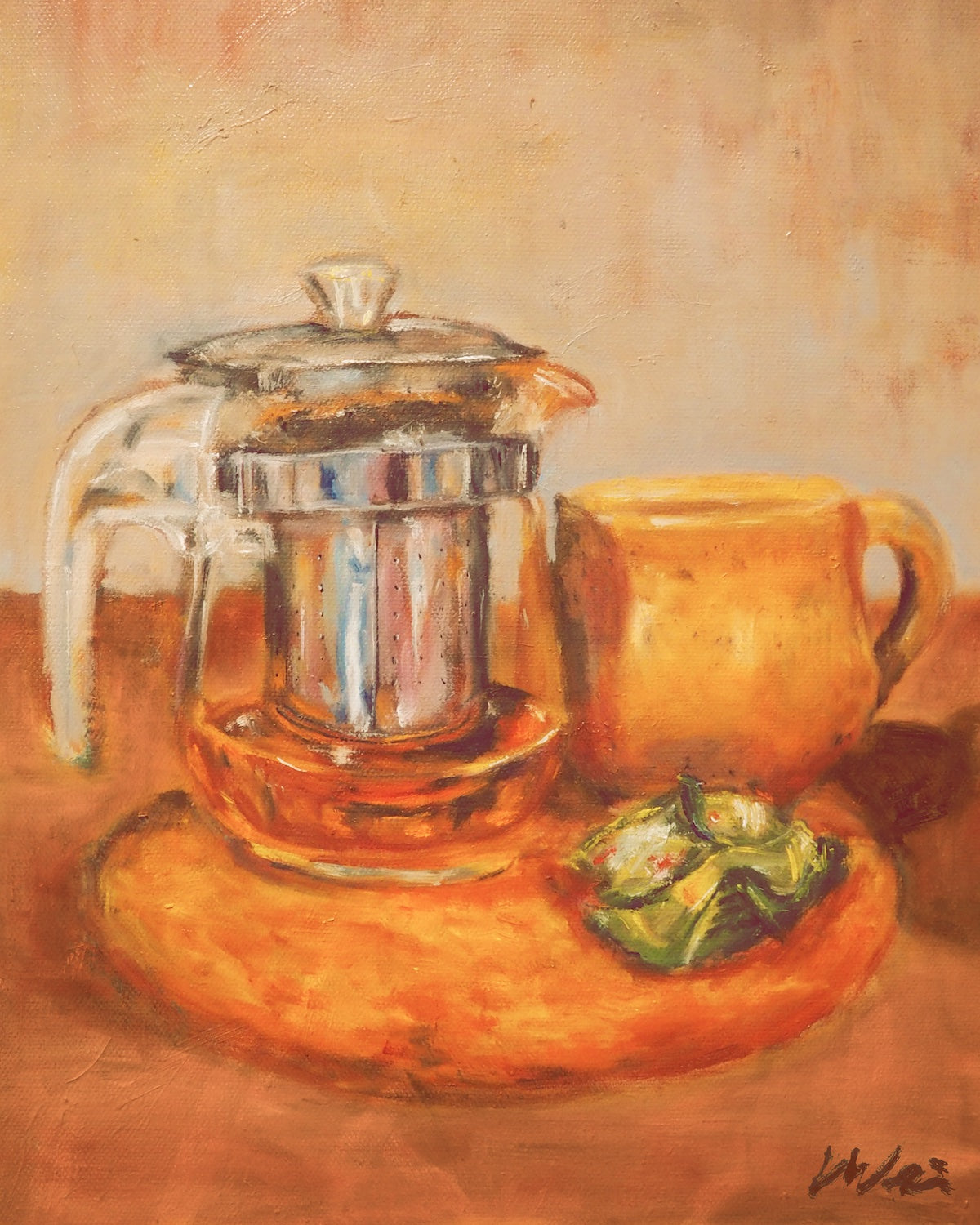 Warm original oil painting art print featuring a glass Chinese teapot, ceramic mug, and Muskmelon candy sweets