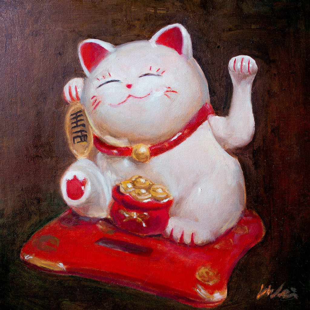 Still life oil painting print of a solar-powered Lucky Cat Maneki Neko figurine bringing good luck