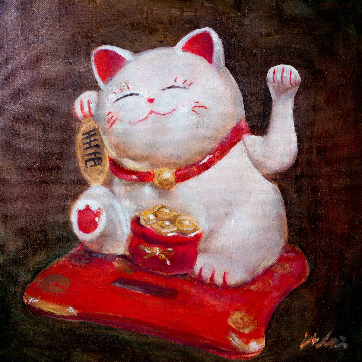 Still life oil painting print of a solar-powered Lucky Cat Maneki Neko figurine bringing good luck