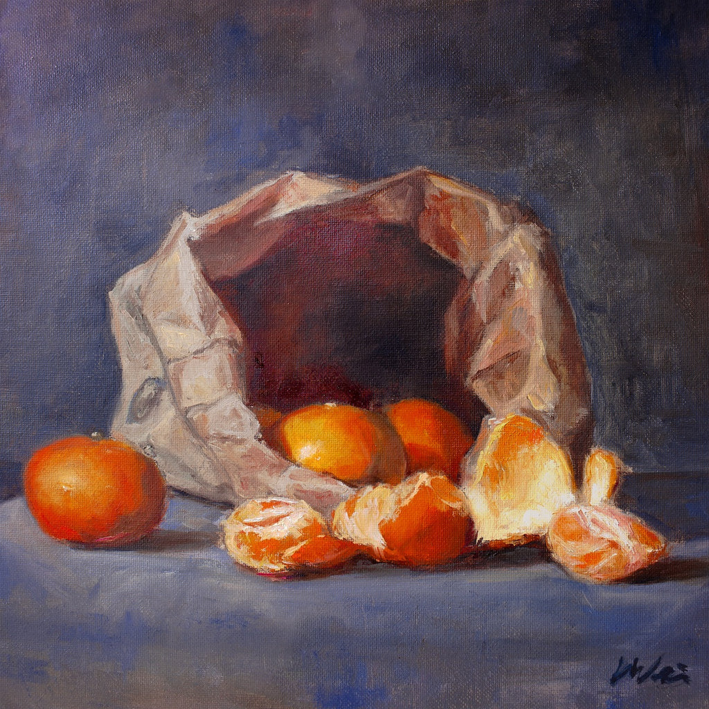 Fine art giclee print of mandarin oranges and tangerines in a paper bag against a dark background