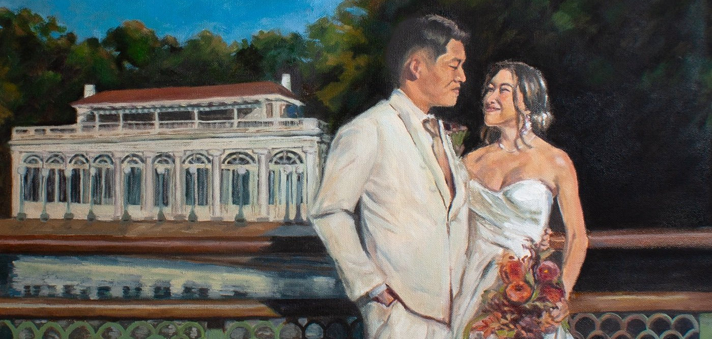 Painting of a couple in formal attire standing by a pool with a classical building in the background.